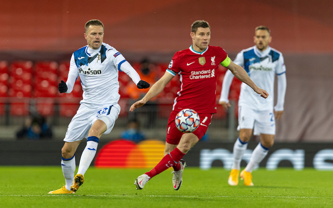 Liverpool's James Milner during the UEFA Champions League Group D match between Liverpool FC and Atalanta BC at Anfield