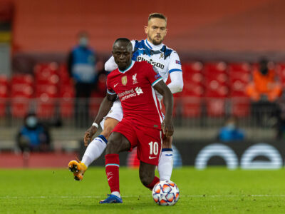 Liverpool's Sadio Mané during the UEFA Champions League Group D match between Liverpool FC and Atalanta BC at Anfield