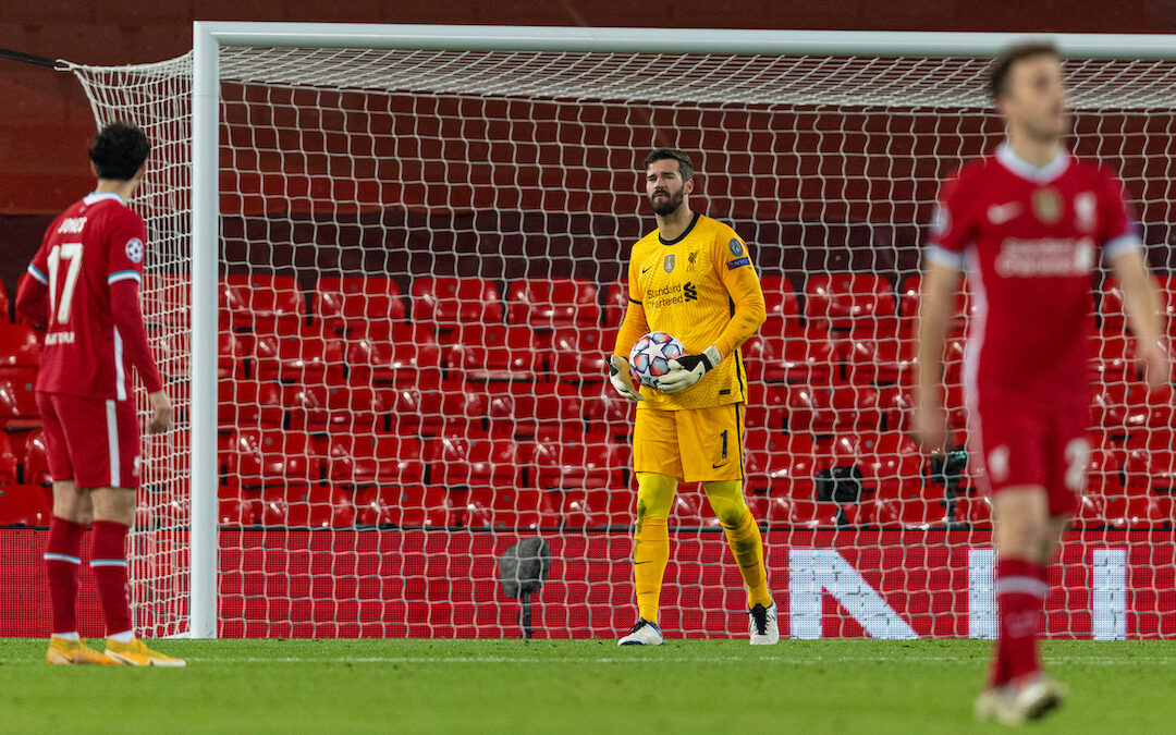 Liverpool's goalkeeper Alisson Becker looks dejected during the UEFA Champions League Group D match between Liverpool FC and Atalanta BC at Anfield