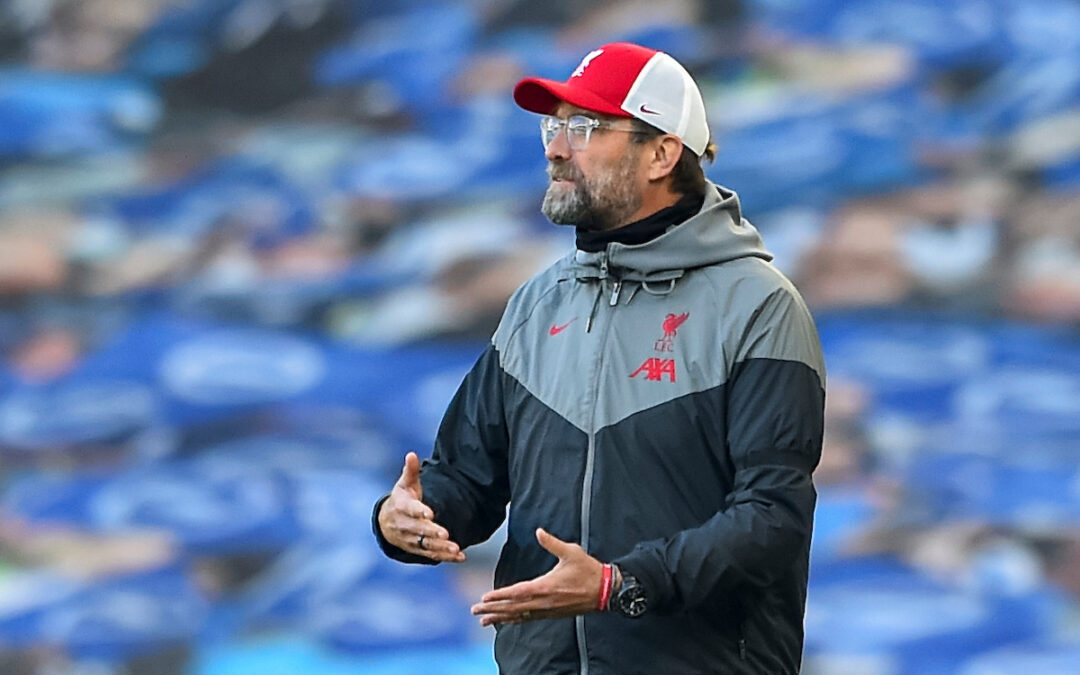 Liverpool's manager Jürgen Klopp reacts during the FA Premier League match between Brighton & Hove Albion FC and Liverpool FC at the AMEX Stadium