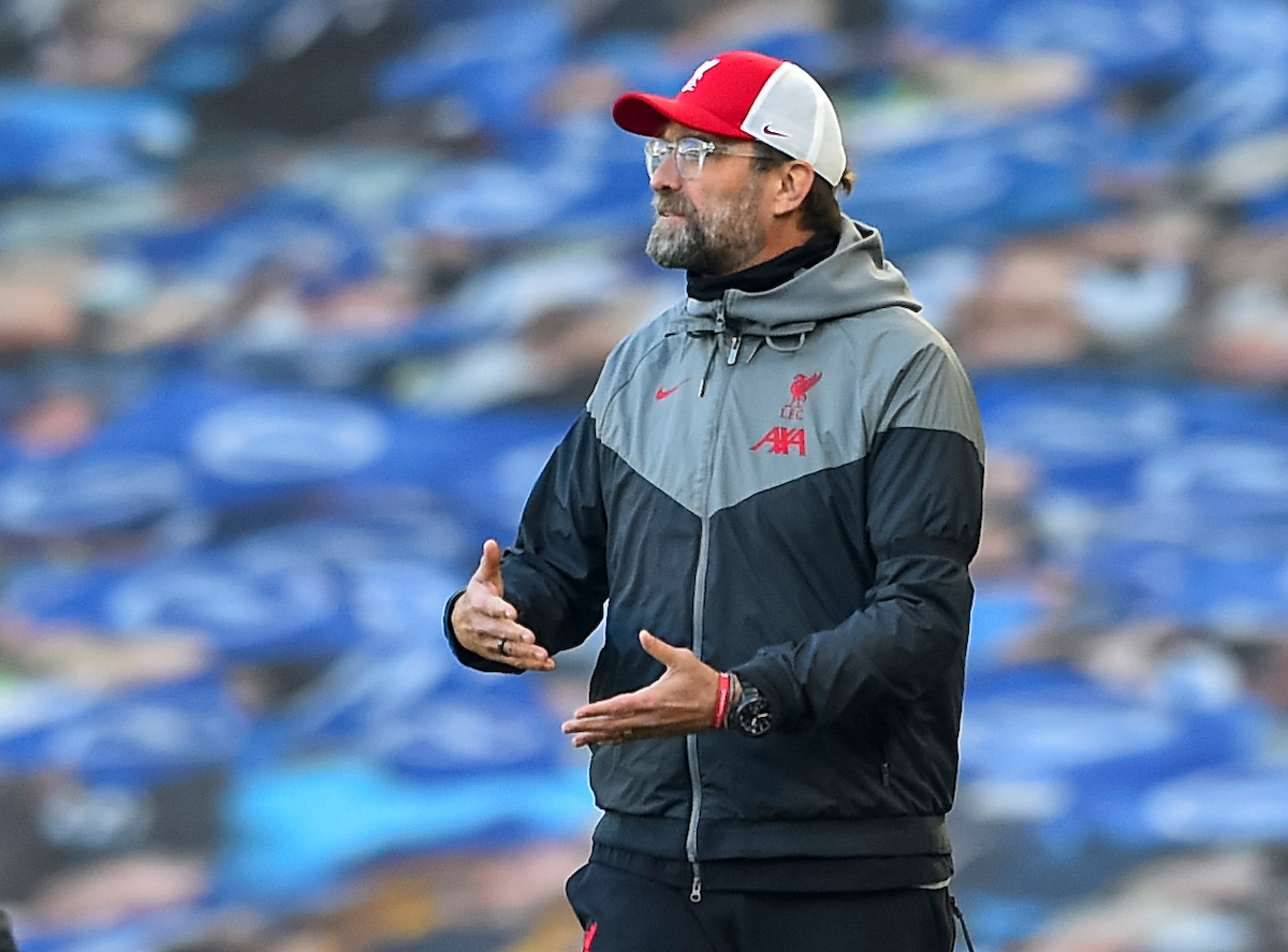Liverpool's manager Jürgen Klopp reacts during the FA Premier League match between Brighton & Hove Albion FC and Liverpool FC at the AMEX Stadium