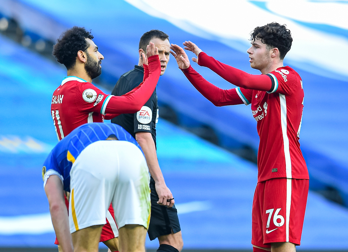 Liverpool's Mohamed Salah celebrates after scoring, but it was disallowed after a VAR review, during the FA Premier League match between Brighton & Hove Albion FC and Liverpool FC at the AMEX Stadium