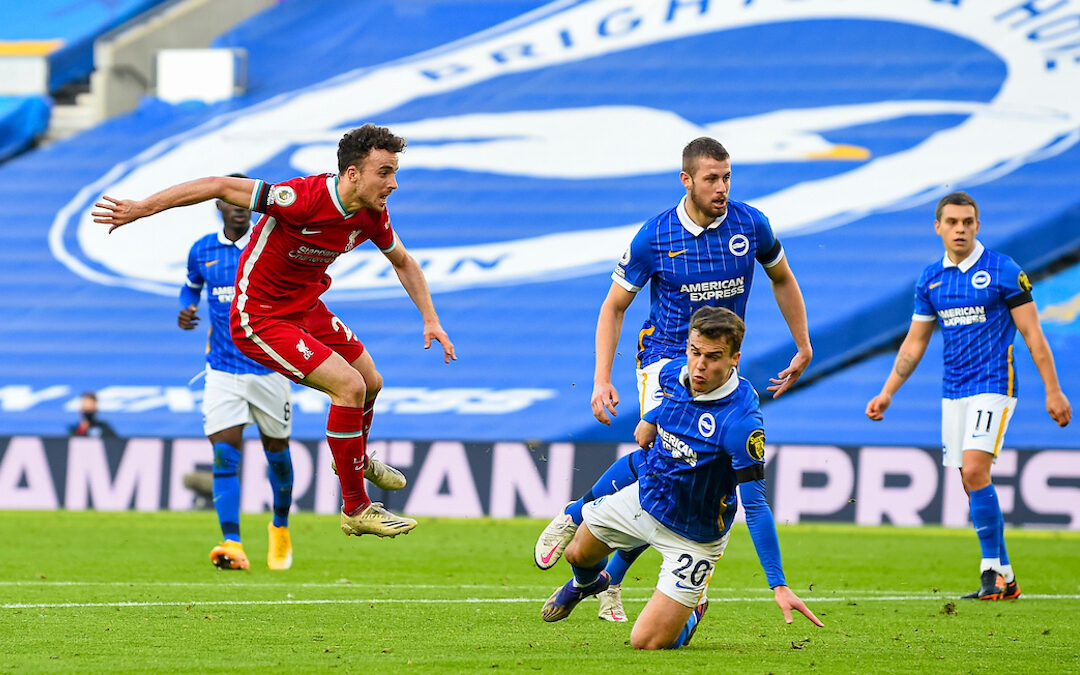 Liverpool's Diogo Jota scores the first goal during the FA Premier League match between Brighton & Hove Albion FC and Liverpool FC at the AMEX Stadium