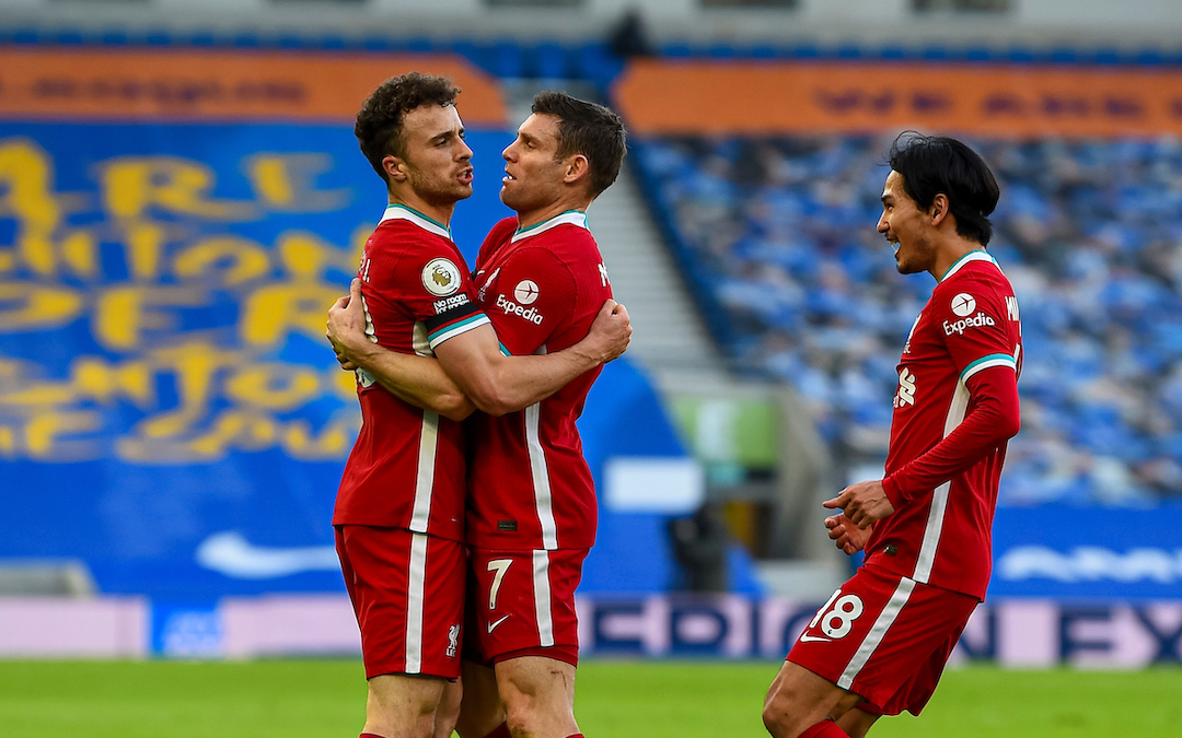 Liverpool's Diogo Jota celebrates after scoring during the FA Premier League match between Brighton & Hove Albion FC and Liverpool FC at the AMEX Stadium