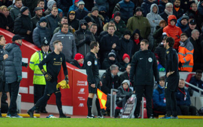 Liverpool's Adrián San Miguel del Castillo comes on for Alisson Becker