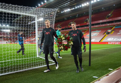 Liverpool’s goalkeepers Caoimhin Kelleher and Adrián San Miguel del Castillo