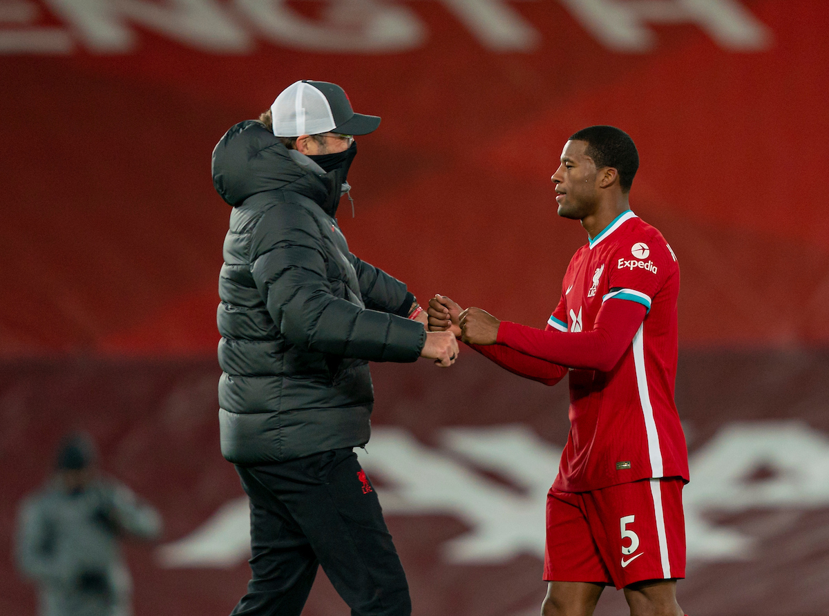 Liverpool’s manager Jürgen Klopp celebrates with Georginio Wijnaldum