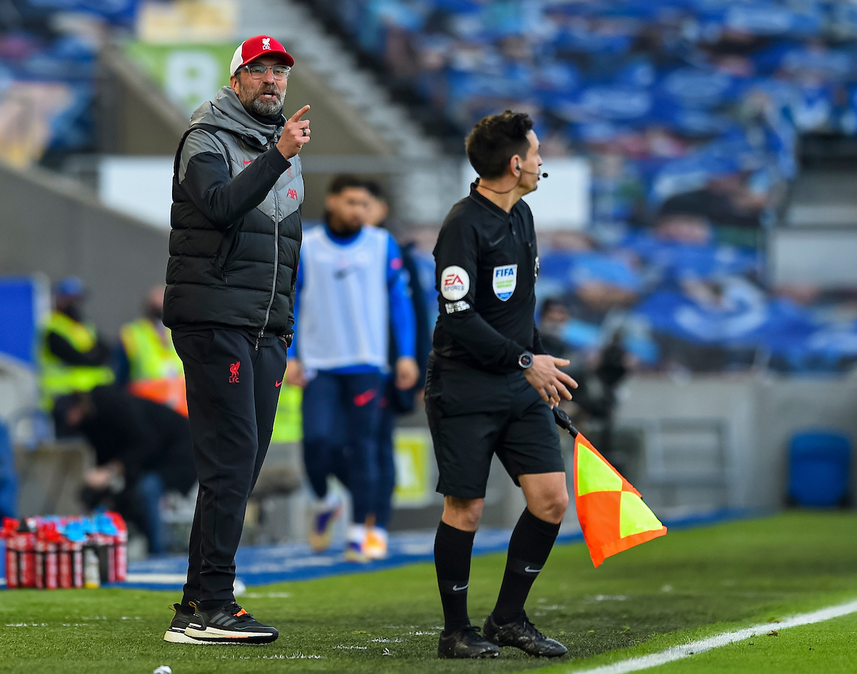 Liverpool's manager Jürgen Klopp during the FA Premier League match between Brighton & Hove Albion FC and Liverpool FC at the AMEX Stadium