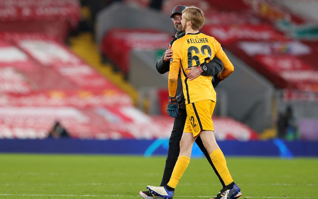 Liverpool’s manager Jürgen Klopp hugs goalkeeper Caoimhin Kelleher after the UEFA Champions League Group D match between Liverpool FC and AFC Ajax at Anfield
