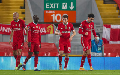 Liverpool’s Curtis Jones celebrates after scoring the only goal of the game during the UEFA Champions League Group D match between Liverpool FC and AFC Ajax at Anfield