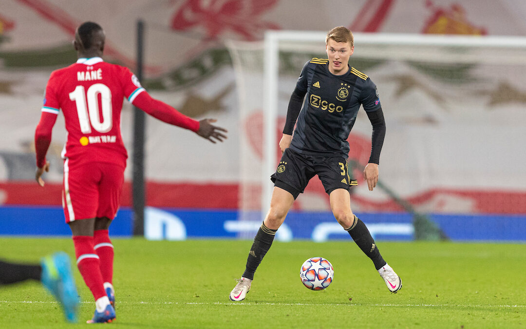 Ajax’s Perr Schuurs during the UEFA Champions League Group D match with Liverpool FC