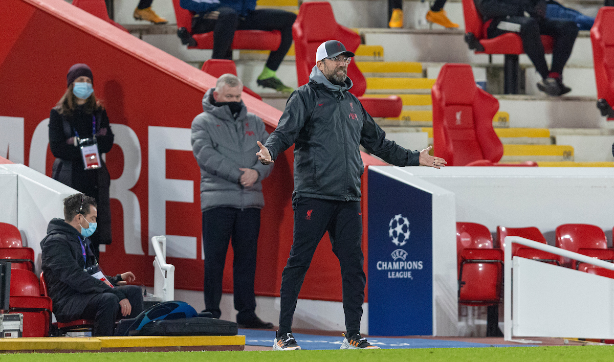 Liverpool's manager Jürgen Klopp reacts during the UEFA Champions League Group D match between Liverpool FC and AFC Ajax at Anfield