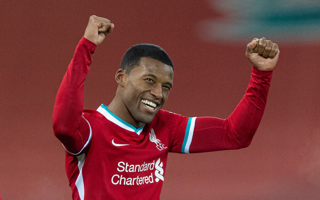 Liverpool's Georginio Wijnaldum celebrates after scoring the second goal during the FA Premier League match between Liverpool FC and Wolverhampton Wanderers FC at Anfield