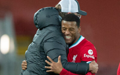 Liverpool's manager Jürgen Klopp celebrates with Georginio Wijnaldum