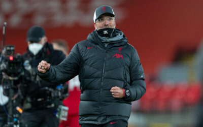 LIVERPOOL, ENGLAND - Wednesday, December 16, 2020: Liverpool's manager Jürgen Klopp celebrates at the final whistle during the FA Premier League match between Liverpool FC and Tottenham Hotspur FC at Anfield. Liverpool won 2-1.