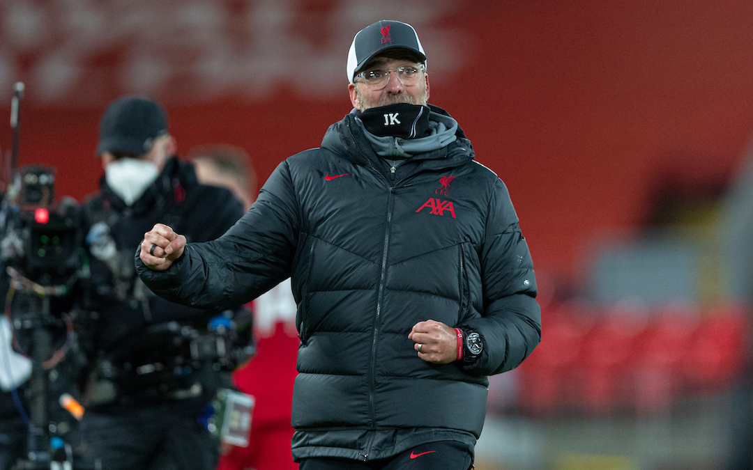 LIVERPOOL, ENGLAND - Wednesday, December 16, 2020: Liverpool's manager Jürgen Klopp celebrates at the final whistle during the FA Premier League match between Liverpool FC and Tottenham Hotspur FC at Anfield. Liverpool won 2-1.