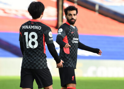 Liverpool's Mohamed Salah celebrates after scoring the seventh goal during the FA Premier League match between Crystal Palace FC and Liverpool FC at Selhurst Park