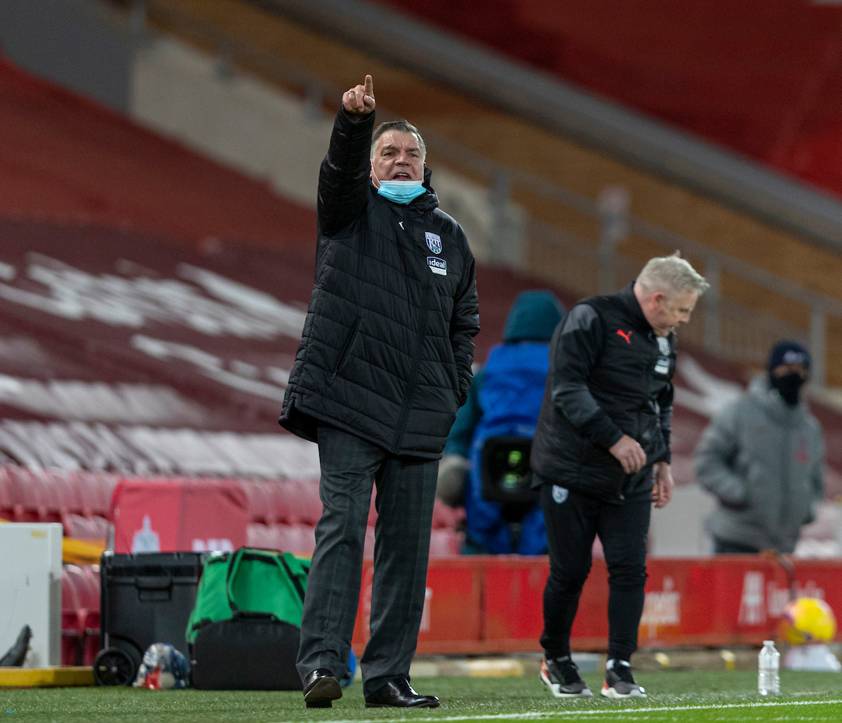 West Bromwich Albion's manager Sam Allardyce, wearing a face mask, during the FA Premier League match between Liverpool FC and West Bromwich Albion FC at Anfield