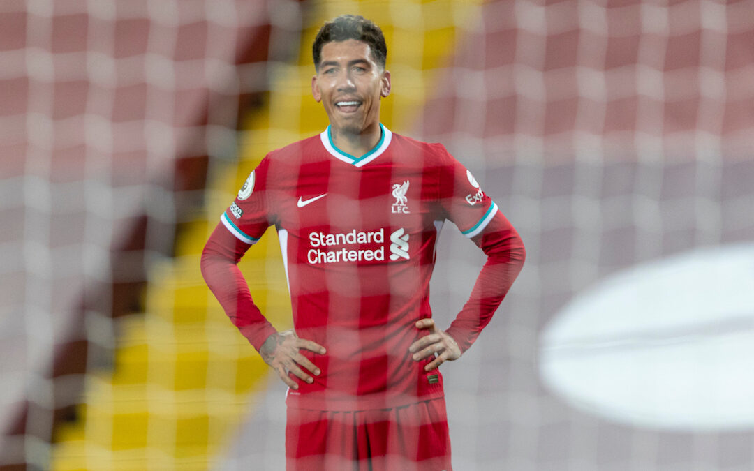 Liverpool's Roberto Firmino looks dejected after missing a chance during the FA Premier League match between Liverpool FC and West Bromwich Albion FC at Anfield