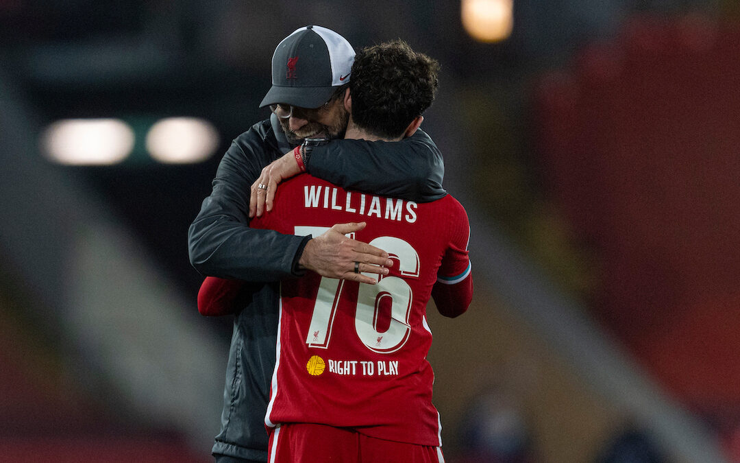Liverpool's manager Jürgen Klopp embraces Neco Williams after the UEFA Champions League Group D match between Liverpool FC and AFC Ajax at Anfield