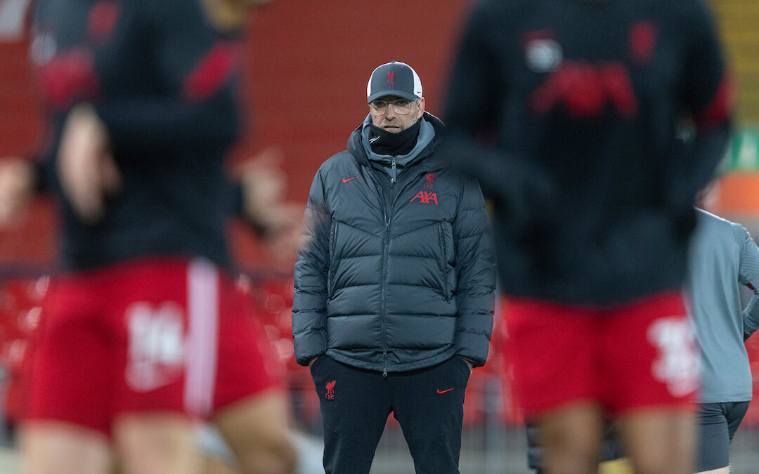 LIVERPOOL, ENGLAND - Sunday, December 6, 2020: Liverpool's manager Jürgen Klopp during the pre-match warm-up before the FA Premier League match between Liverpool FC and Wolverhampton Wanderers FC at Anfield