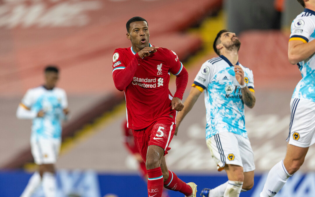 Liverpool's Georginio Wijnaldum celebrates after scoring the second goal during the FA Premier League match between Liverpool FC and Wolverhampton Wanderers FC at Anfield