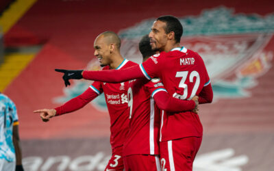 Joel Matip celebrates after scoring during the FA Premier League match between Liverpool FC and Wolverhampton Wanderers FC at Anfield