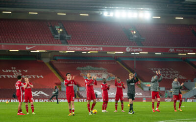 Liverpool players applaud the supporters on the Kop after the FA Premier League match between Liverpool FC and Wolverhampton Wanderers FC at Anfield