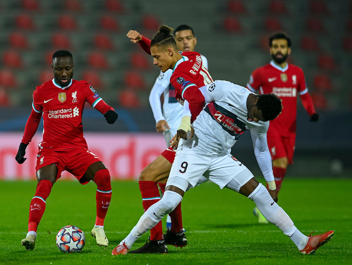 Liverpool's Rhys Williams tackles FC Midtjylland's Sory Kaba during the UEFA Champions League Group D match