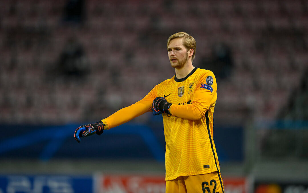 Liverpool's goalkeeper Caoimhin Kelleher during the UEFA Champions League Group D match between FC Midtjylland and Liverpool FC at the Herning Arena