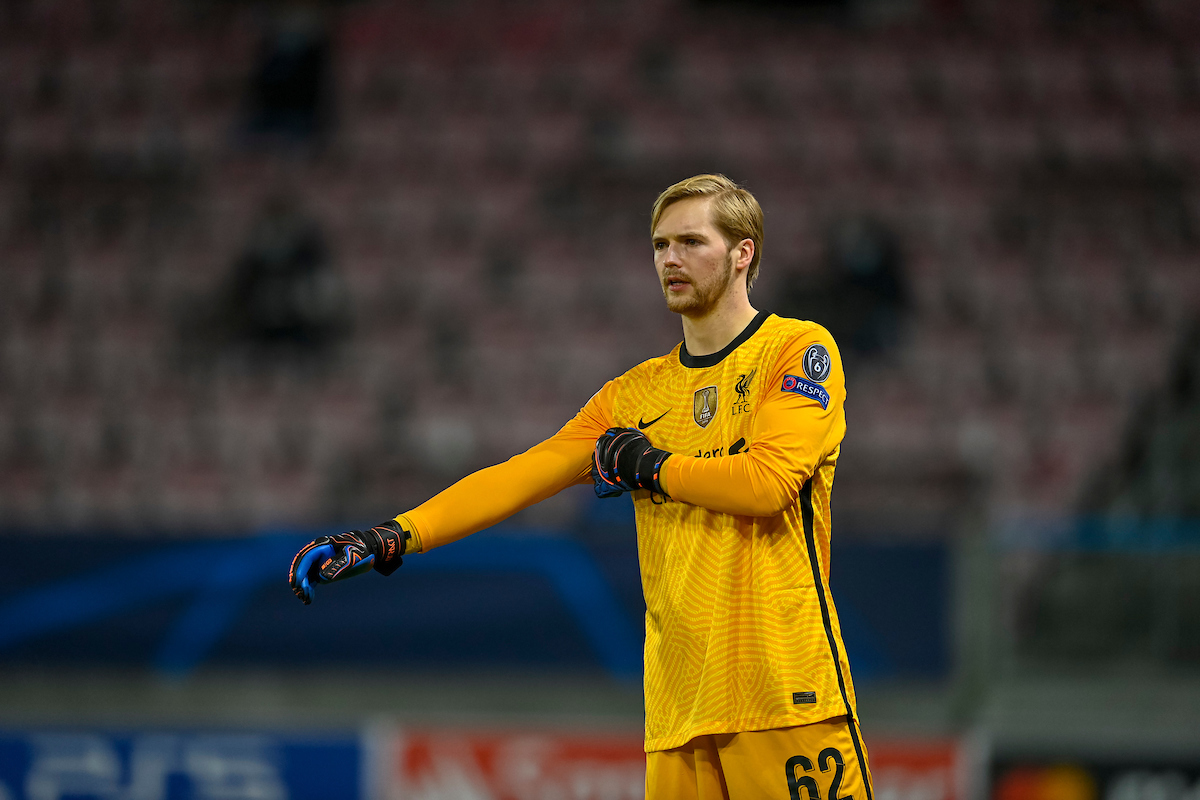 Liverpool's goalkeeper Caoimhin Kelleher during the UEFA Champions League Group D match between FC Midtjylland and Liverpool FC at the Herning Arena