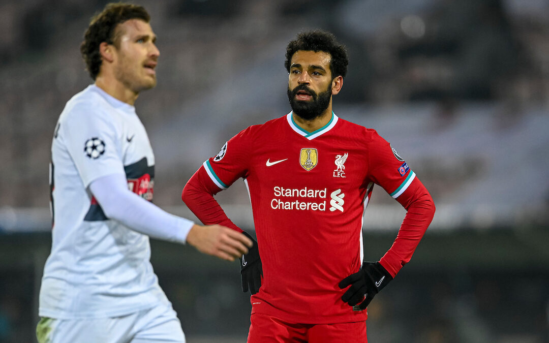 Liverpool's Mohamed Salah during the UEFA Champions League Group D match between FC Midtjylland and Liverpool FC at the Herning Arena