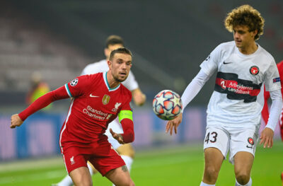 Liverpool's captain Jordan Henderson during the UEFA Champions League Group D match between FC Midtjylland and Liverpool FC at the Herning Arena