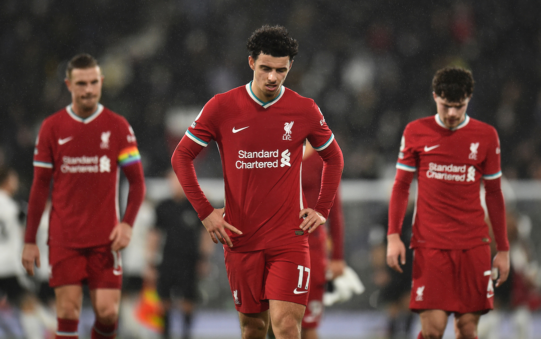Liverpool's Curtis Jones looks dejected after the FA Premier League match against Fulham FC