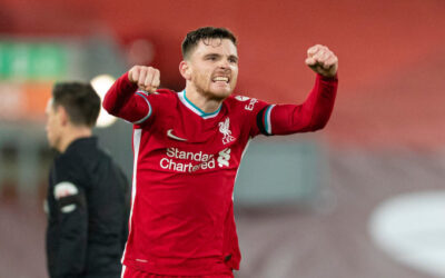 Liverpool's Andy Robertson celebrates at the final whistle during the FA Premier League match between Liverpool FC and Tottenham Hotspur FC at Anfield