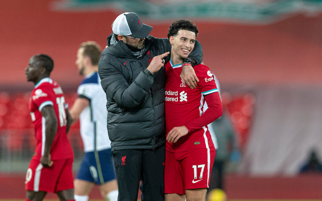 Liverpool's manager Jürgen Klopp celebrates with Curtis Jones at the final whistle during the FA Premier League match between Liverpool FC and Tottenham Hotspur FC at Anfield