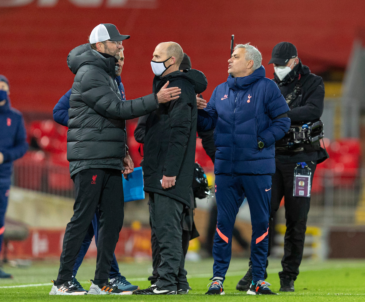 Liverpool's manager Jürgen Klopp and Tottenham Hotspur's manager Jose Mourinho at the final whistle during the FA Premier League match between Liverpool FC and Tottenham Hotspur FC at Anfield