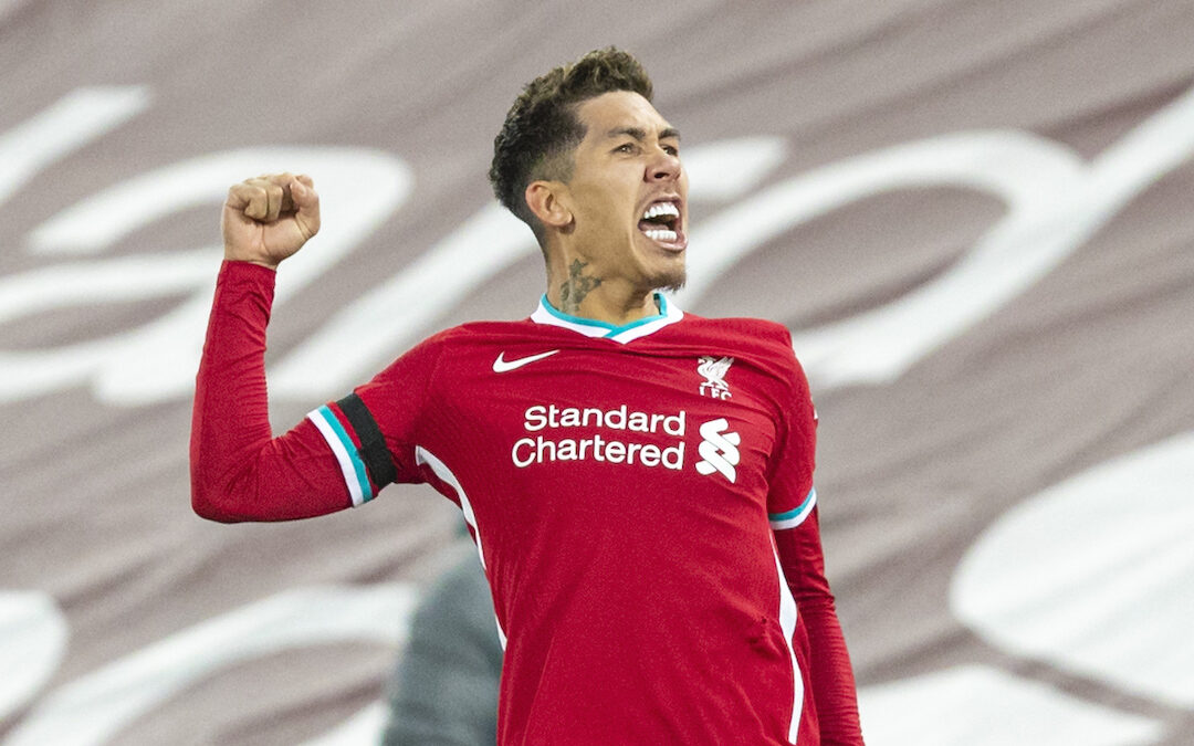 Liverpool's match-winning goal-scorer Roberto Firmino celebrates after scoring the second goal during the FA Premier League match between Liverpool FC and Tottenham Hotspur FC at Anfield