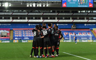 Liverpool's Sadio Mané (hidden) celebrates with team-mates after scoring the second goal during the FA Premier League match between Crystal Palace FC and Liverpool FC at Selhurst Park