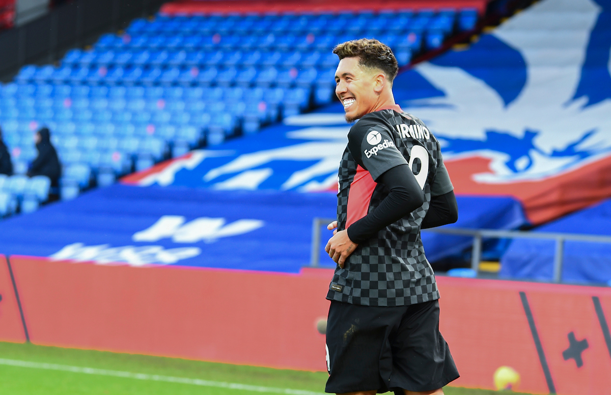 Liverpool's Roberto Firmino celebrates after scoring the fifth goal during the FA Premier League match between Crystal Palace FC and Liverpool FC at Selhurst Park