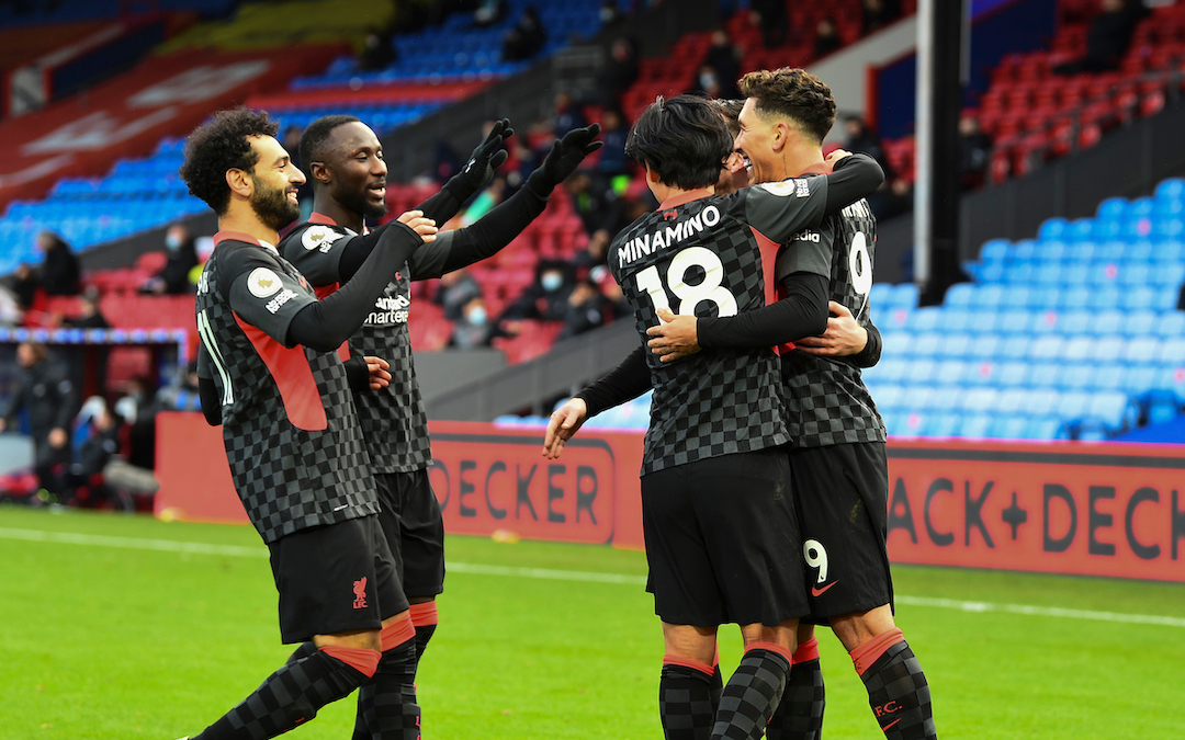 Liverpool's Roberto Firmino celebrates with team-mates after scoring the fifth goal during the FA Premier League match between Crystal Palace FC and Liverpool FC at Selhurst Park