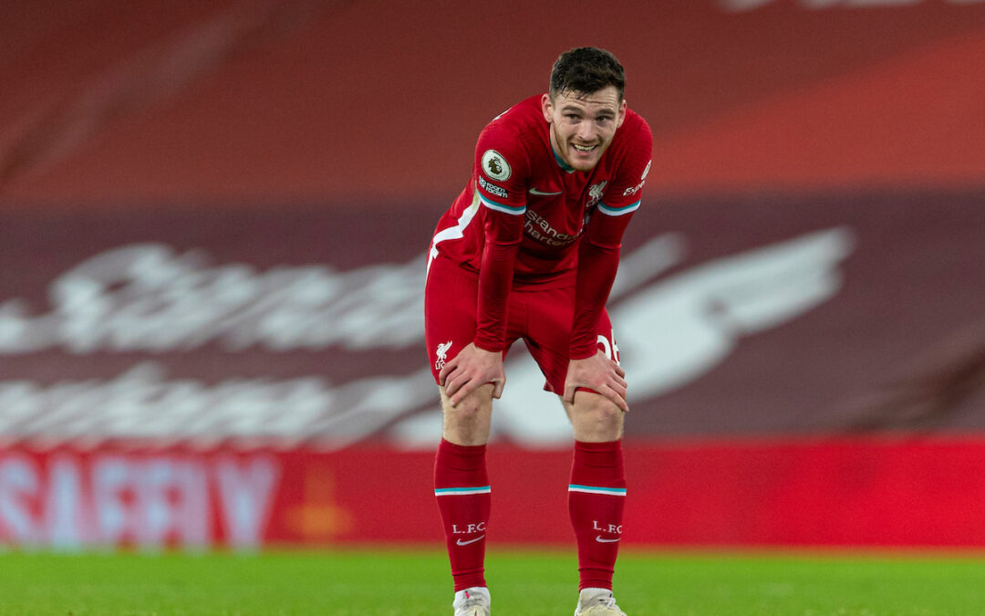 Liverpool's Andy Robertson looks dejected after the FA Premier League match between Liverpool FC and West Bromwich Albion FC at Anfield