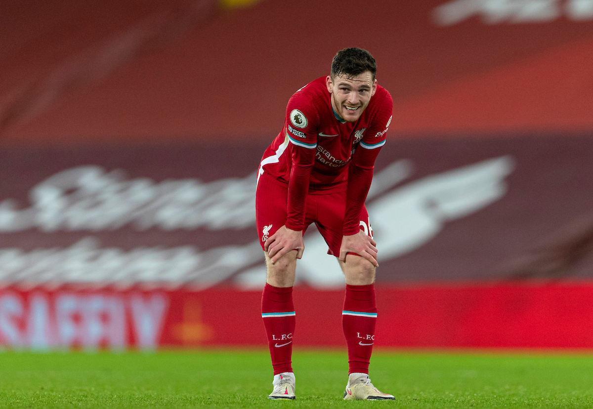 Liverpool's Andy Robertson looks dejected after the FA Premier League match between Liverpool FC and West Bromwich Albion FC at Anfield