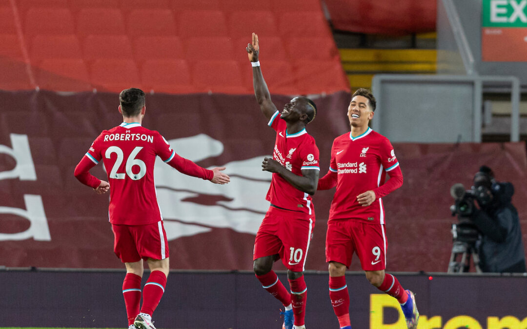 Liverpool's Sadio Mané (C) celebrates after scoring the first goal during the FA Premier League match between Liverpool FC and West Bromwich Albion FC at Anfield