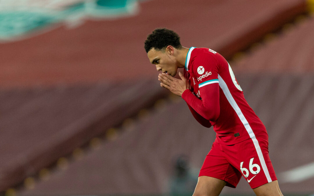 Liverpool's Trent Alexander-Arnold looks dejected after missing a chance during the FA Premier League match between Liverpool FC and West Bromwich Albion FC at Anfield