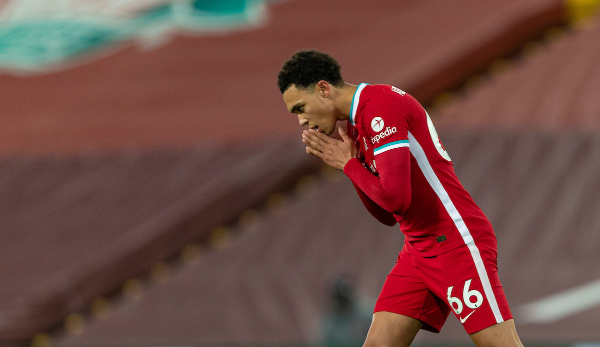 Liverpool's Trent Alexander-Arnold looks dejected after missing a chance during the FA Premier League match between Liverpool FC and West Bromwich Albion FC at Anfield