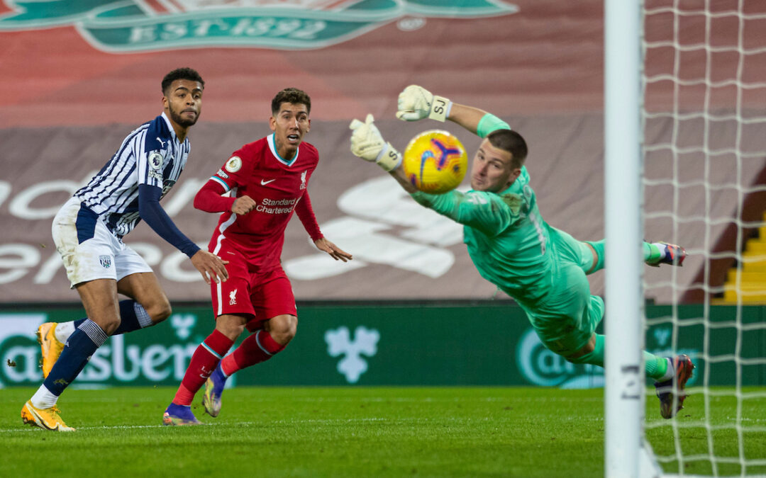 Liverpool's Roberto Firmino sees his header saved by West Bromwich Albion's goalkeeper Sam Johnstone during the FA Premier League match between Liverpool FC and West Bromwich Albion FC at Anfield