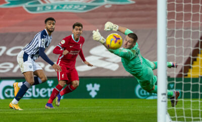 Liverpool's Roberto Firmino sees his header saved by West Bromwich Albion's goalkeeper Sam Johnstone during the FA Premier League match between Liverpool FC and West Bromwich Albion FC at Anfield