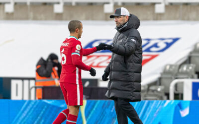 Liverpool’s manager Jürgen Klopp and Thiago Alcantara after the FA Premier League match between Newcastle United FC and Liverpool FC at St James' Park