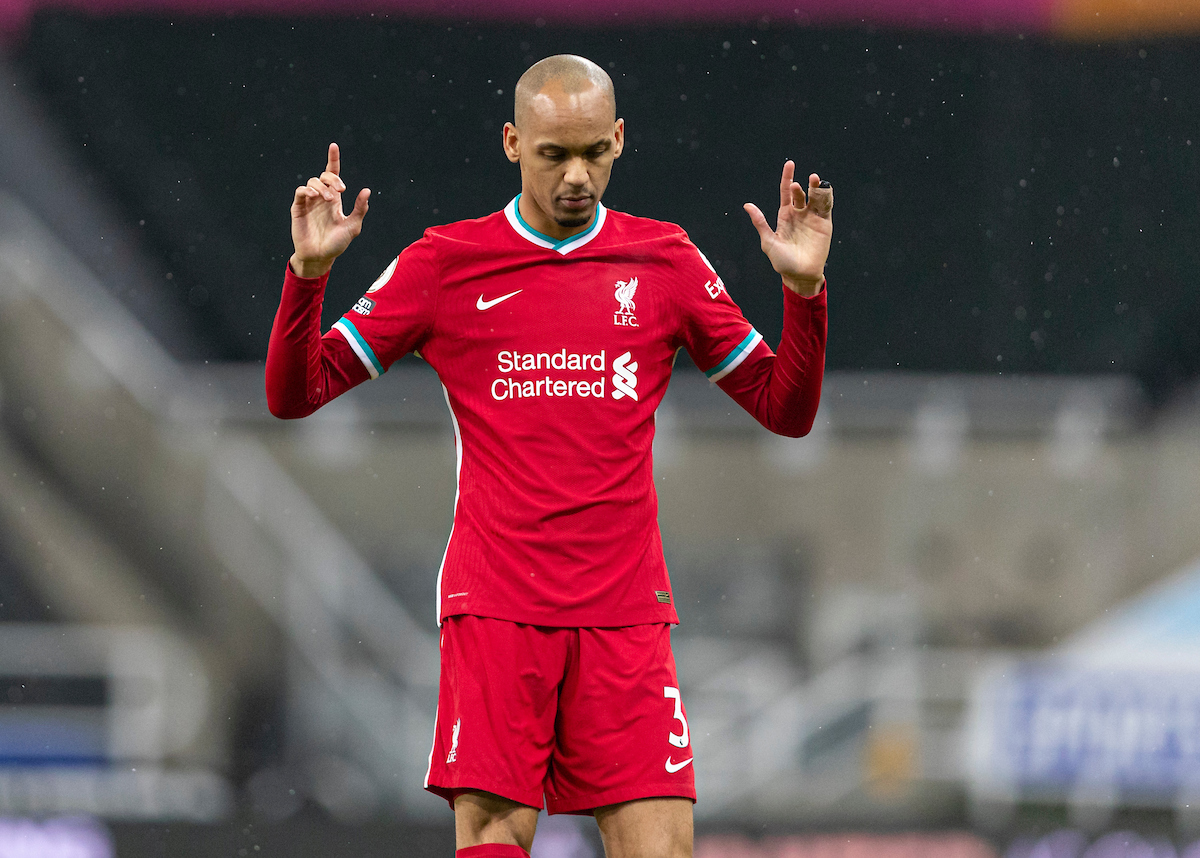 Liverpool’s Fabio Henrique Tavares 'Fabinho' prays before the FA Premier League match between Newcastle United FC and Liverpool FC at St James' Park